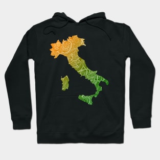 Colorful mandala art map of Italy with text in green and orange Hoodie